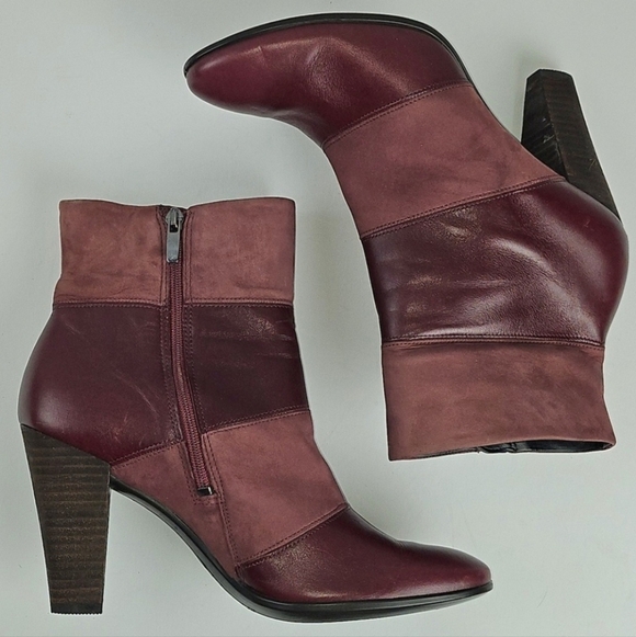 Ecco Shape 75 Burgundy Suede & Smooth Leather Stacked Heel Modern Ankle Bootie - Picture 9 of 16